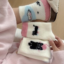 袜子女秋冬小猫澳绒可爱布标蝴蝶结卡通百搭加厚保暖中筒堆堆袜