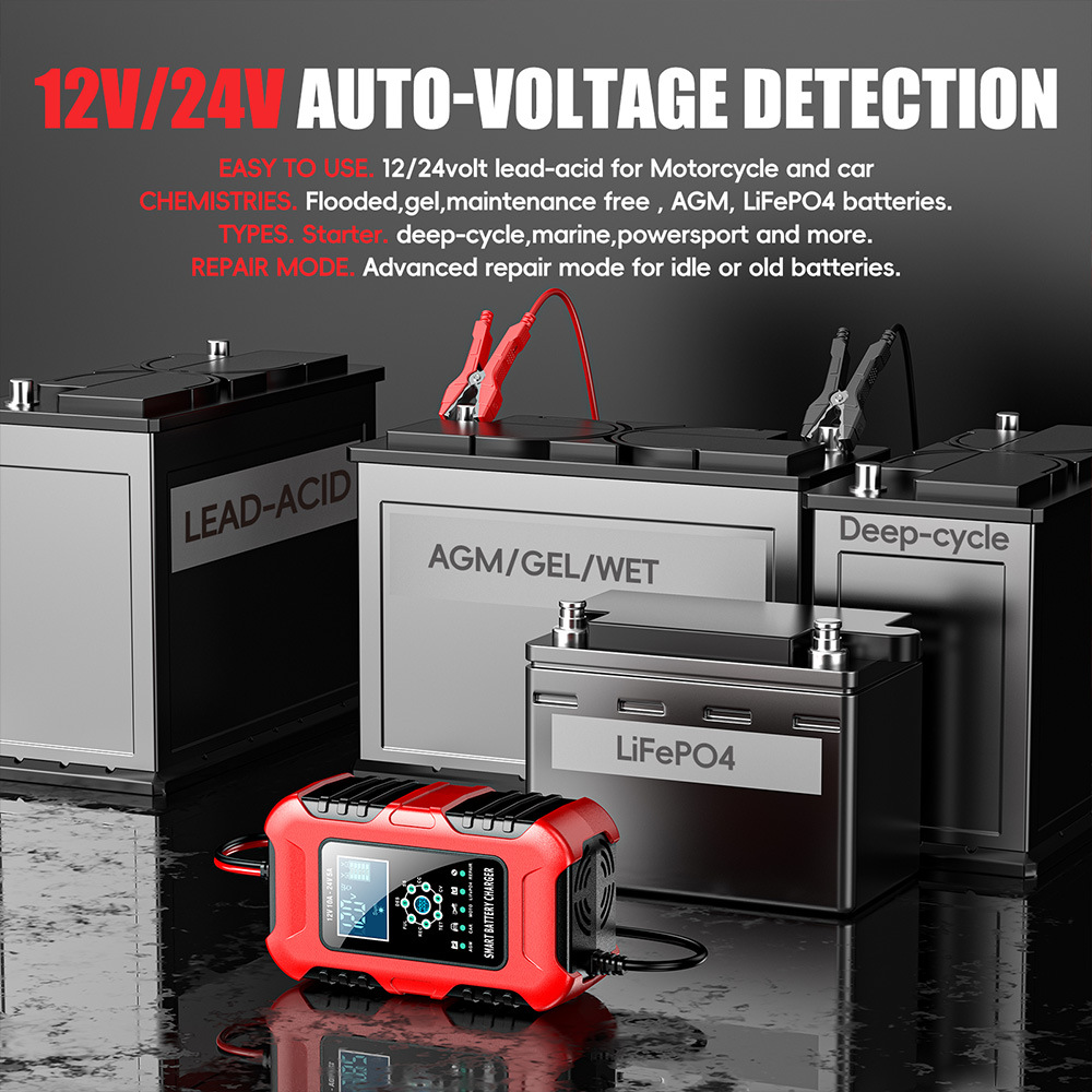 12V10A 24V5A battery charger, lead-acid battery charging and pulse repair device, red, European standard