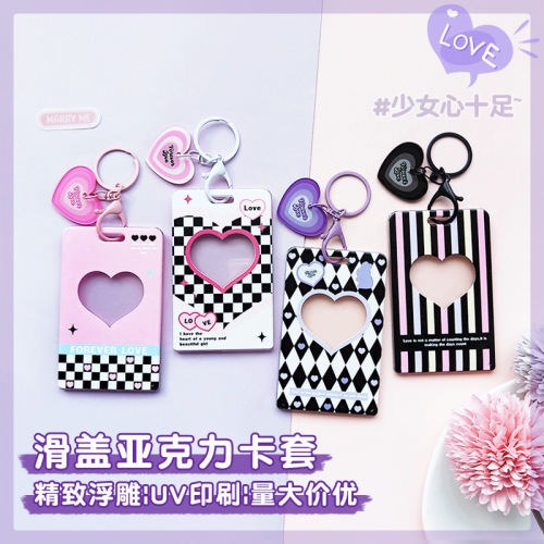 ins pink cute student cartoon card holder anti-lost slide cover embossed card holder badge work badge protective cover girl heart