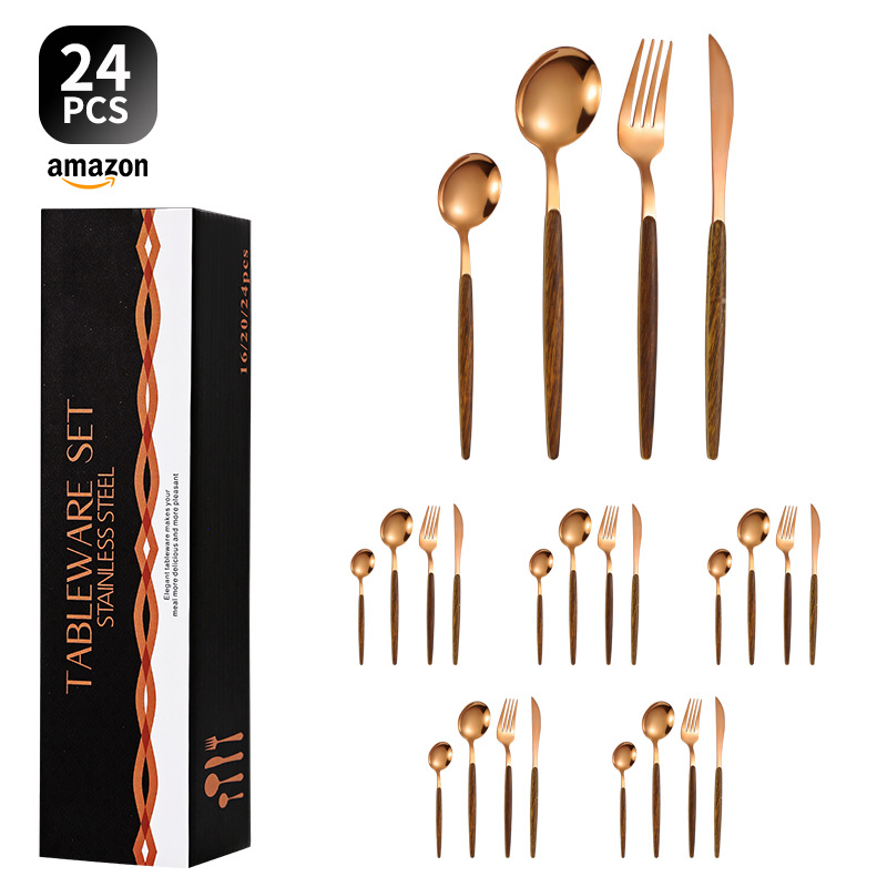 Transfronterizo de acero inoxidable vajilla portuguesa imitación mango de madera cuchillo tenedor cuchara 24 piezas traje de filete cuchillo tenedor clip mango de madera cuchara de café