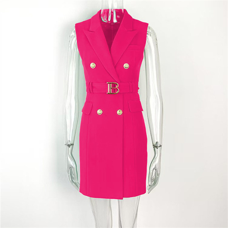 Summer High-Quality Light Blue Sleeveless Suit Collar Dress with Tie Waist Vest Dress Double-Breasted