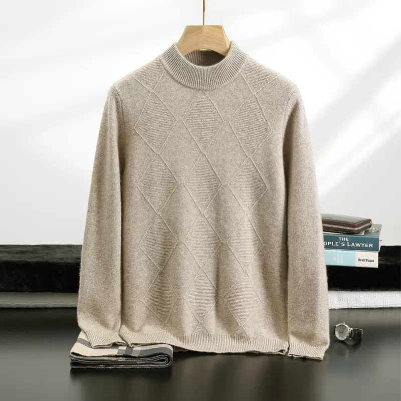 七针加厚山羊绒衫男士半高领菱形提花毛衣时尚百搭针织羊毛打底衫