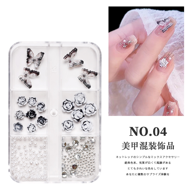 Manicura Nueva joyería retro negro Plum Salsa Camelia joyería arco perla clavo taladro conjunto caja