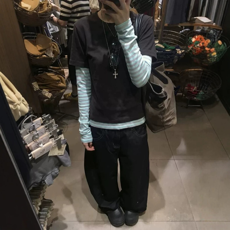[210gsm, 40-count cotton] Korean-style color-block striped long-sleeve T-shirt, new slim-fit top for women, trendy and flattering