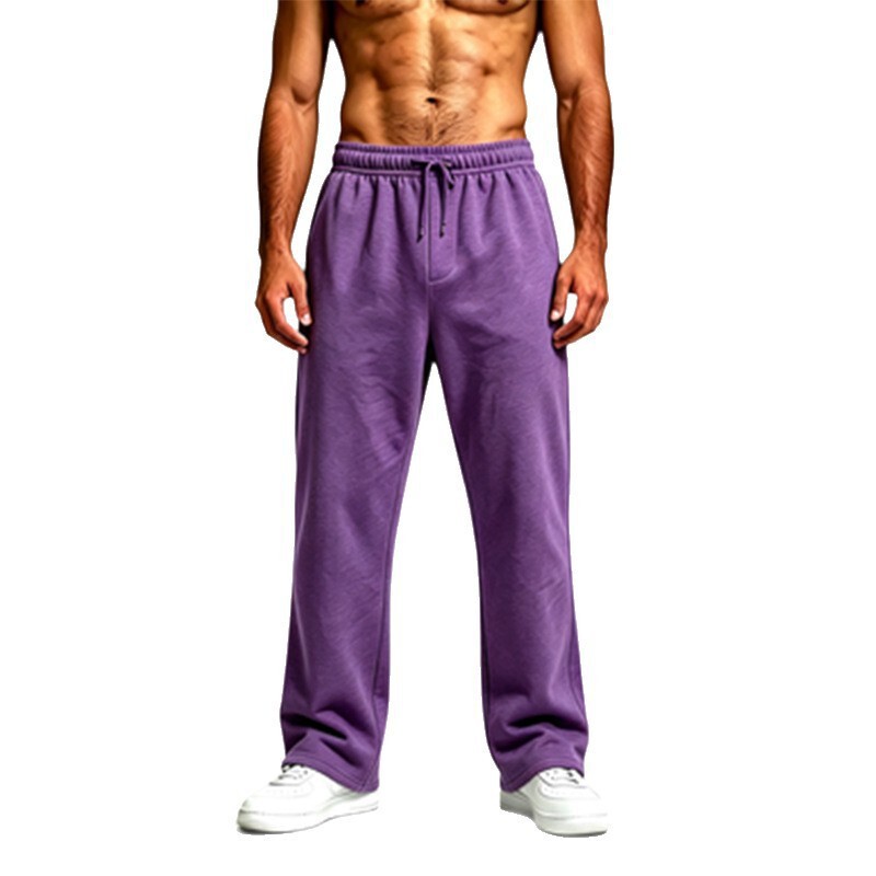 Autumn and winter fleece-lined solid color men's drawstring wide-leg pants for sports, casual wear, running, and fitness, loose-fitting fleece sweatpants
