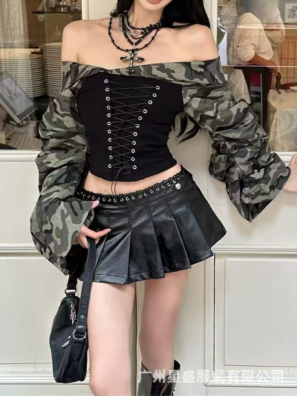 美式辣妹纯欲风长袖女秋季2025新款迷彩束腰绑带设计显瘦上衣|undefined