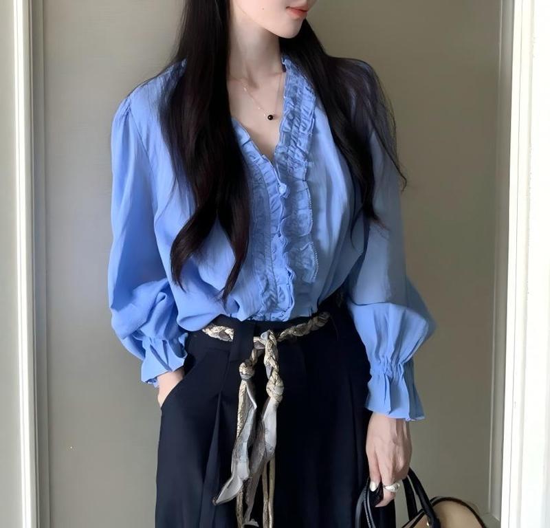 法式蓝色木耳边长袖衬衫女秋季新款高级感宽松显瘦喇叭袖上衣|undefined