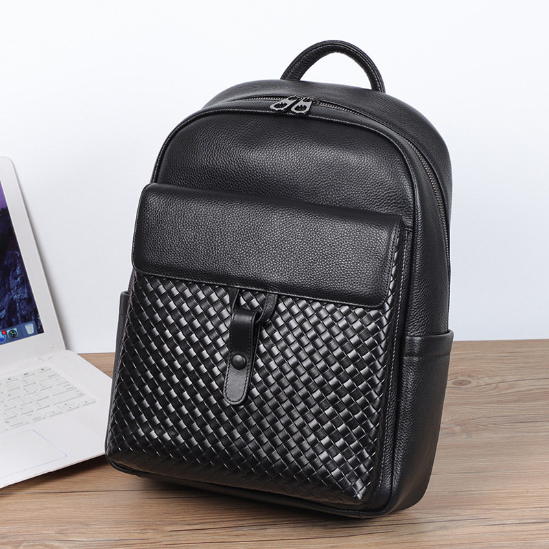 Ba lô nam da bò thật đan dệt đa chức năng có ngăn laptop 15 inch — Màu đen