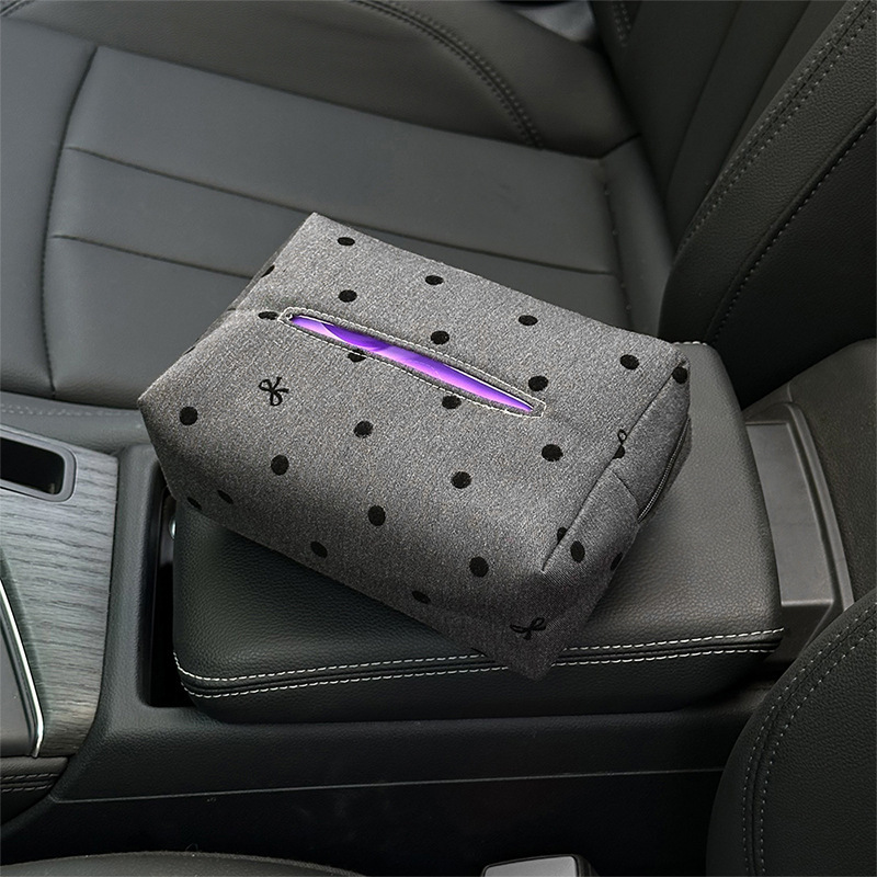 青い雨の車のティッシュの箱は簡単でファッション的な波点の車内の手すりの箱は紙の箱の蝶結びの車のティッシュの袋の女性を引き出します。|undefined