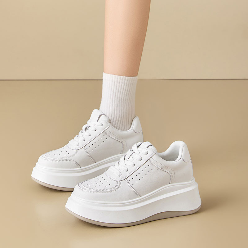 White Leather Thick-soled Sneakers Versatile Women’s Casual Shoes_voghion.com