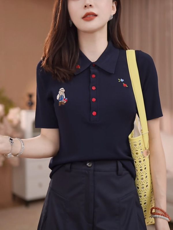 卡通小熊刺绣翻领短袖T恤女2025夏季新款休闲百搭显瘦POLO衫上衣|undefined
