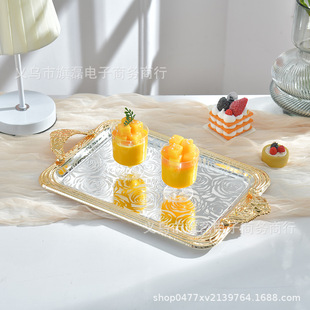 Middle Eastern Accessible Luxury Metal Tray Gold-Rimmed Silver Snack Fruit Snack Cake Rectangular Storage Plate Display Plate