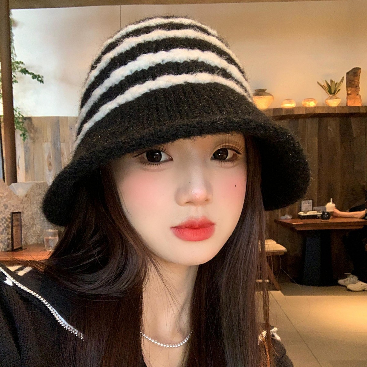 Cappello da pescatore in peluche retrò a righe in stile giapponese per donna, autunno e inverno, caldo, versatile, a tesa larga, snellente per il viso_voghion.com