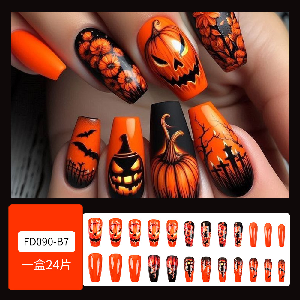 Nuevo estilo transfronterizo de uñas de Halloween, parche de uñas de calabaza de cráneo tridimensional 3D, 24 piezas, armadura de vestir en relieve