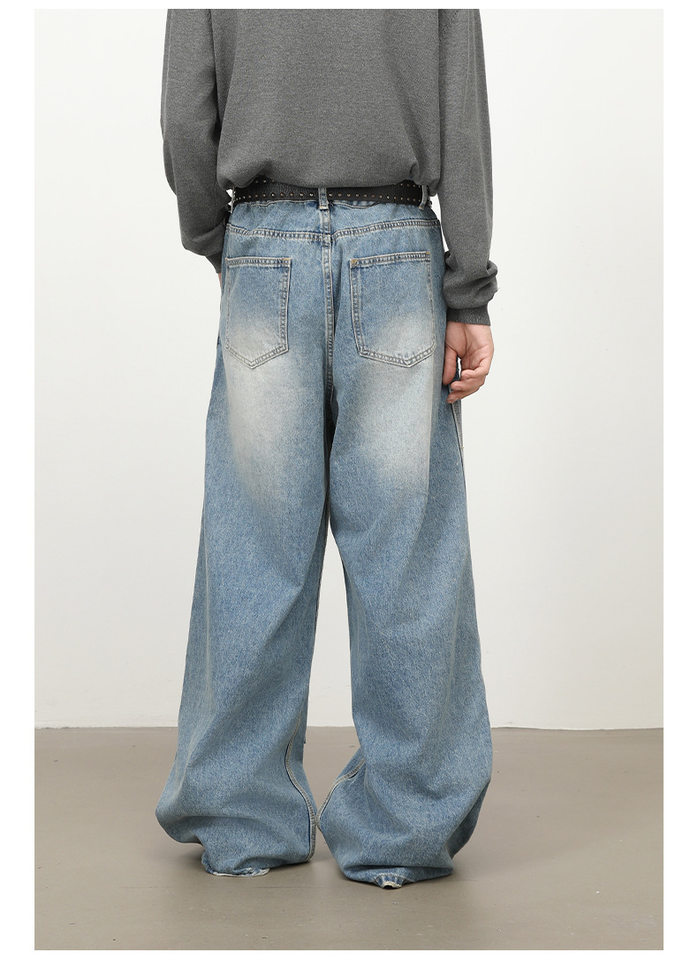 Quần jeans nam dáng rộng ống đứng phong cách Mỹ, wash xước rách phối vải — màu xanh chi tiết 6