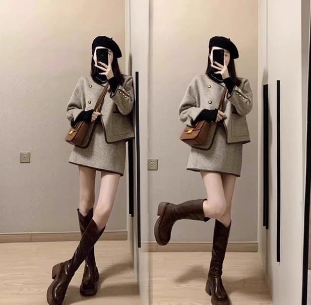 高级感小香风套装女秋冬大码胖mm洋气质显瘦毛呢外套半身裙两件套|undefined
