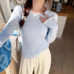 工厂现货木耳边针织打底衫女2025年新款秋冬韩系穿搭圆领毛衣上衣