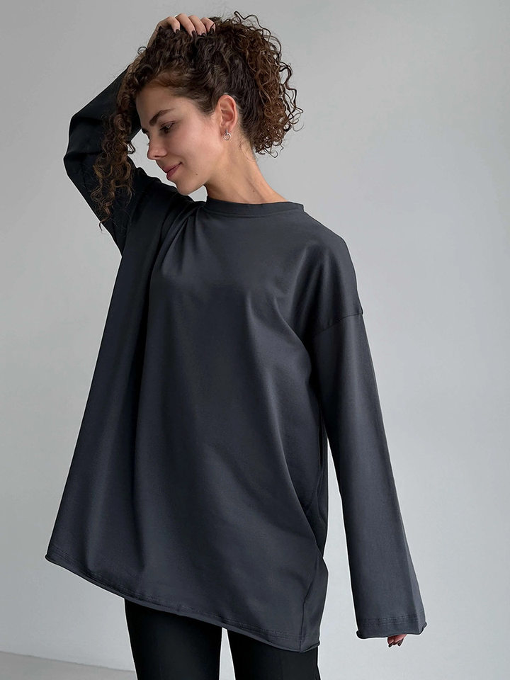 Áo thun nữ cotton 100% cổ tròn tay dài form rộng màu trơn — Màu cà phê, Màu hồng, Màu mơ, Màu trắng chi tiết 12