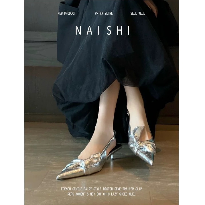 Sheepskin Version! Silver-Colored Closed-Toe Sandals for Women with Pleated Bow, Designed to Match Skirts, High Heels with Kitten Heel Design