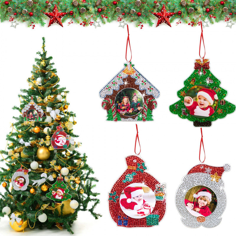 5D 4 Pieces/Set DIY Christmas Diamond Art Photo Frame Pet Material Single-Sided Crystal Rhinestone Decoration Can Be Attached to the Photo