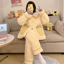 珊瑚绒睡衣女秋冬季三层夹棉可爱女士保暖加绒加厚棉袄法兰绒套装