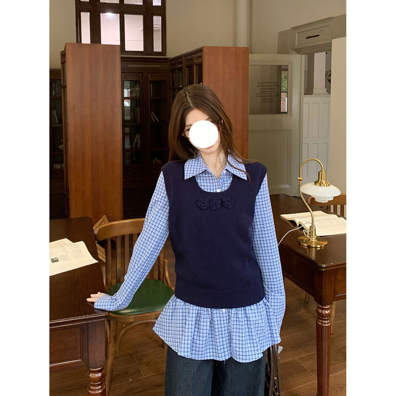 学院风套装女早秋新款针织马甲背心叠穿修身格子长袖衬衫两件套潮|undefined