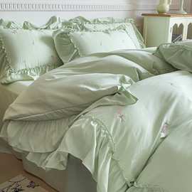 直供新款水洗棉刺绣纯色公主风床上四件套被套 床单床笠款四件套