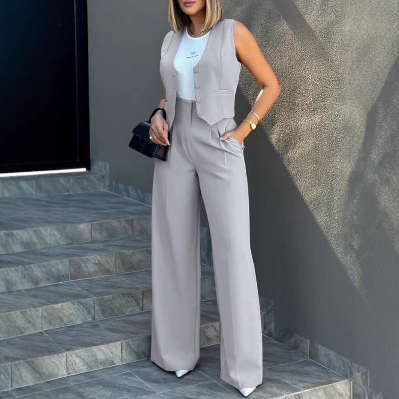 2026 European and American Cross-Border Foreign Trade New Fashion Suit Vest, Vest, Wide-Leg Pants Casual Suit
