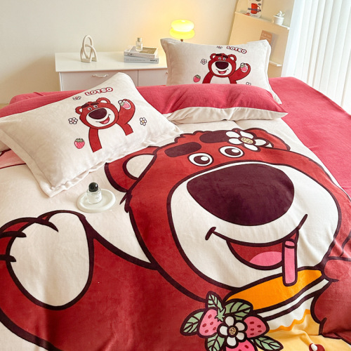 Cartoon Strawberry Bear Milk Velvet Four-piece Winter Thickened Coral Velvet Bedding Flannel Quilt Cover Sheets