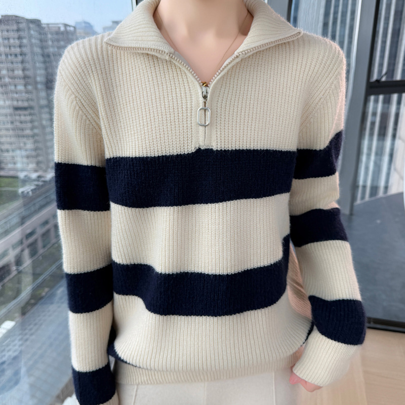 New half-zip, collared sweater, autumn/winter knitted outerwear, loose-fitting, slimming striped top, available for drop shipping