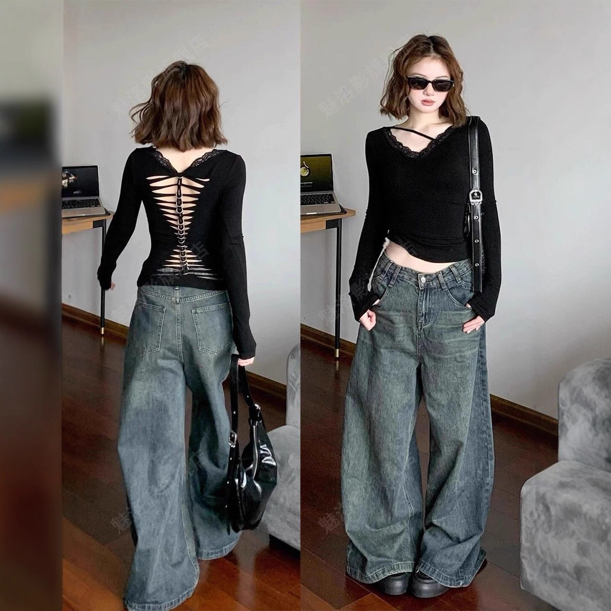 辣妹御姐风露背镂空蕾丝长袖T恤女秋季环扣设计感V领黑色打底上衣