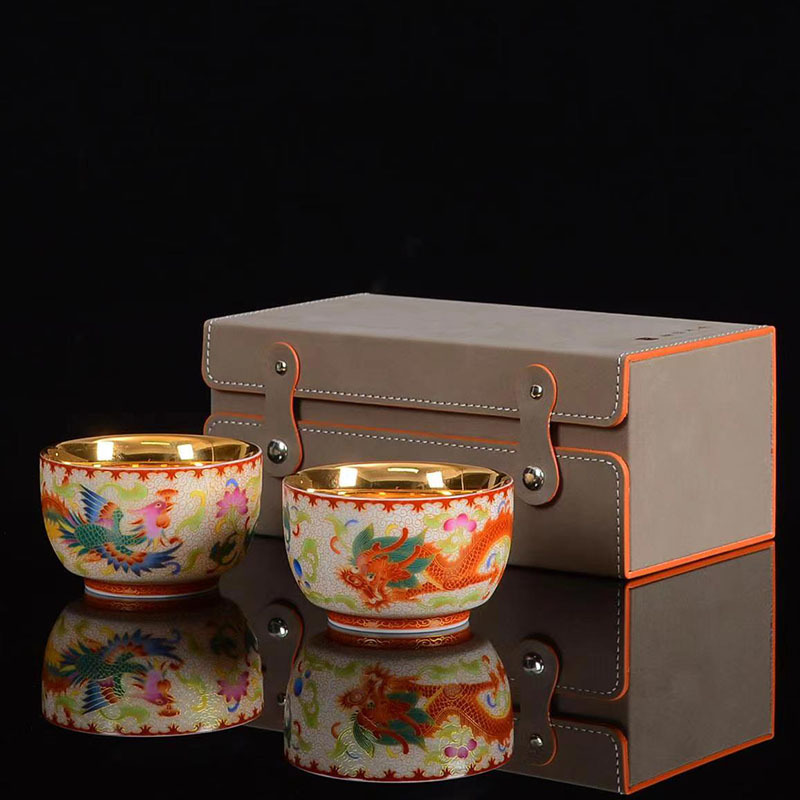 24K Gold Dragon and Phoenix Jianzhan Tea Cup, Jade-Like Gold-Plated Tea Cup, Ceramic Kung Fu Tea Set Cup, Light Luxury Retro