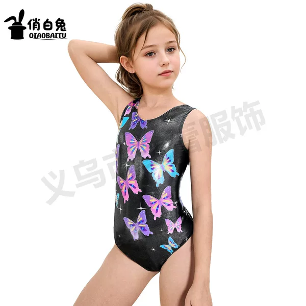 Cross-Border Children's Gymnastics Clothing High Elastic Butterfly Cartoon Print Dance Vest Girls Bronzing Glossy Performance Jumpsuit