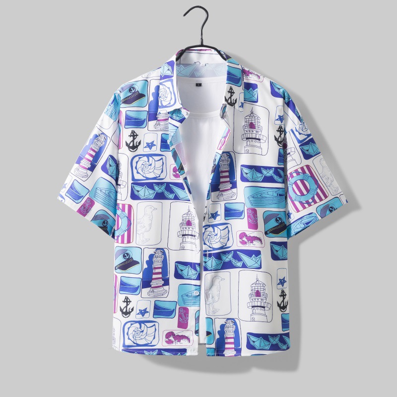 Hawaiian flor camisa de los hombres retro Hong Kong estilo casual suelta Hong Kong estilo playa vacaciones pareja manga corta Camisa de moda al por mayor