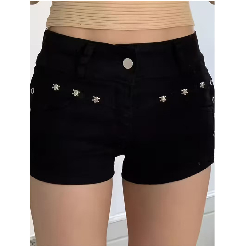High-Elastic Rhinestone-Embellished High-Waisted Stretchy Black Hot Pants for Women, Curve-Enhancing Butt-Hugging Denim Shorts, Women's Summer Shorts High-Elastic Rhinestone-Embellished High-Waisted Stretchy Black Hot Pants for Women, Curve-Enhancing Butt-Hugging Denim Shorts, Women's Summer Shorts