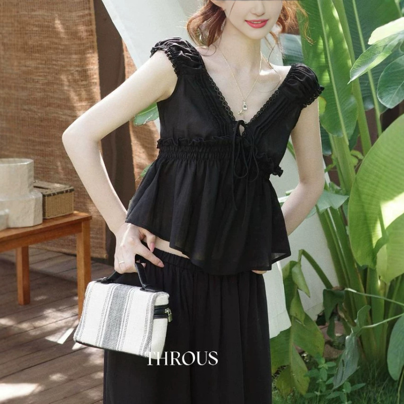 Xie Bu Rou V-Neck Ruffled Puff Sleeve T-Shirt for Women, Summer Gentle Style, Slim Fit, Casual Versatile Top