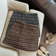 实拍 韩国东大门女装秋冬小香风粗花呢高腰包臀A字裙修身半身裙女