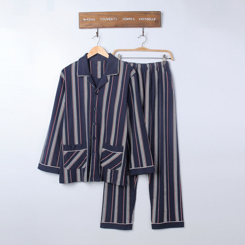 100% pijamas de algodón de primavera y otoño de los hombres de manga larga joven y de mediana edad Otoño e Invierno flojo cardigan traje de desgaste para el hogar