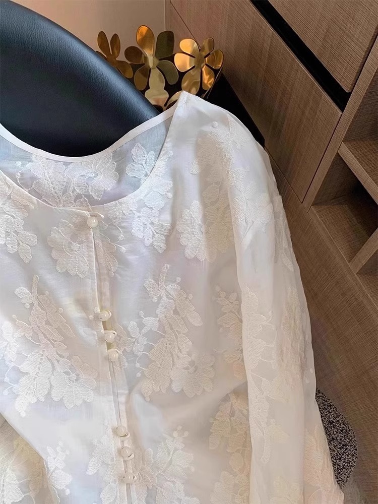 Áo sơ mi ren trắng phong cách Trung Quốc mới, dáng rộng, tay ngắn, chống nắng mỏng mùa hè — Màu mơ ([phiên bản chống nắng một lớp]) chi tiết 4