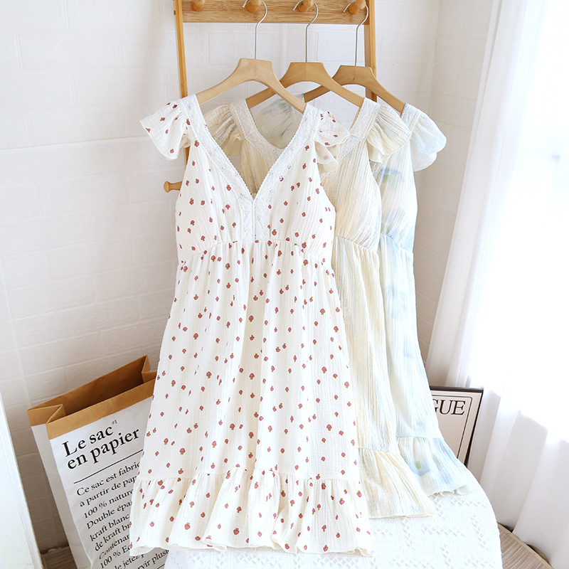 Summer Fresh Sleeveless Gauze Nightdress for Women, New Style in Washed Cotton Crepe, Simple and Fashionable with Chest Pads and Flutter Sleeves