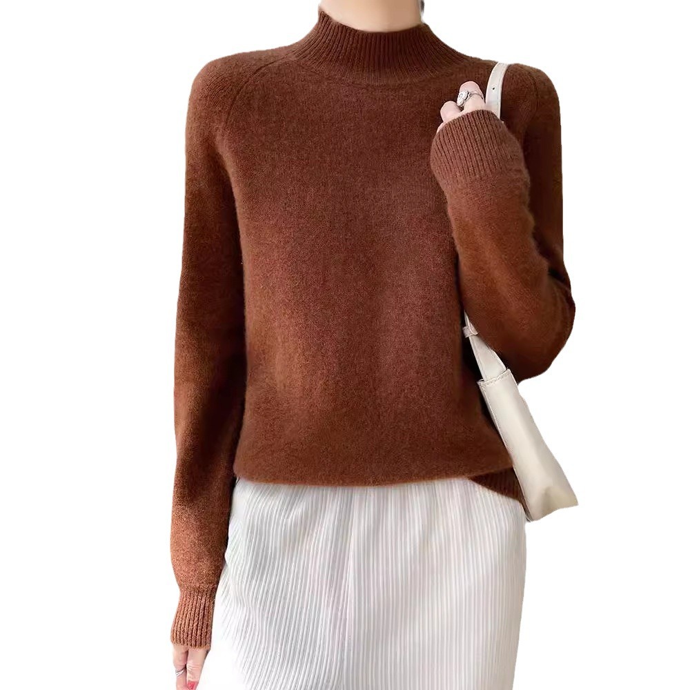 【 Cashmere Family 】 Half high neck short woolen base women's soft and loose, thick knit sweater, inner layer_voghion.com