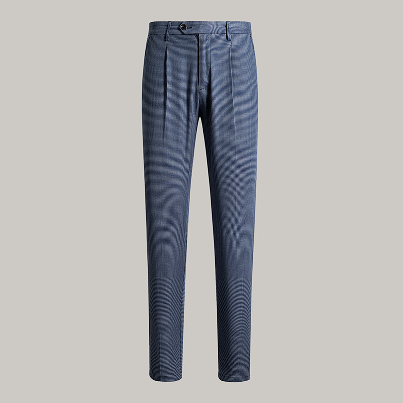 Pantalones de traje a cuadros azules pantalones de verano de los hombres delgados pantalones sueltos rectos elásticos pantalones casuales de alta gama para hombres