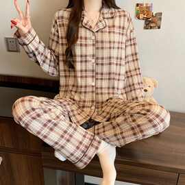 新款格子印花两件套女士家居服可外穿长袖长裤睡衣套装女跨境货源