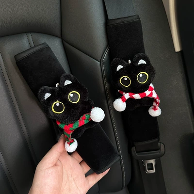 Safety Belt Shoulder Cover Car: Sürətlər qutusu və əl tormozu başlıqları - little-black-cat-red-and-green-scarf-red-and-white-scarf
