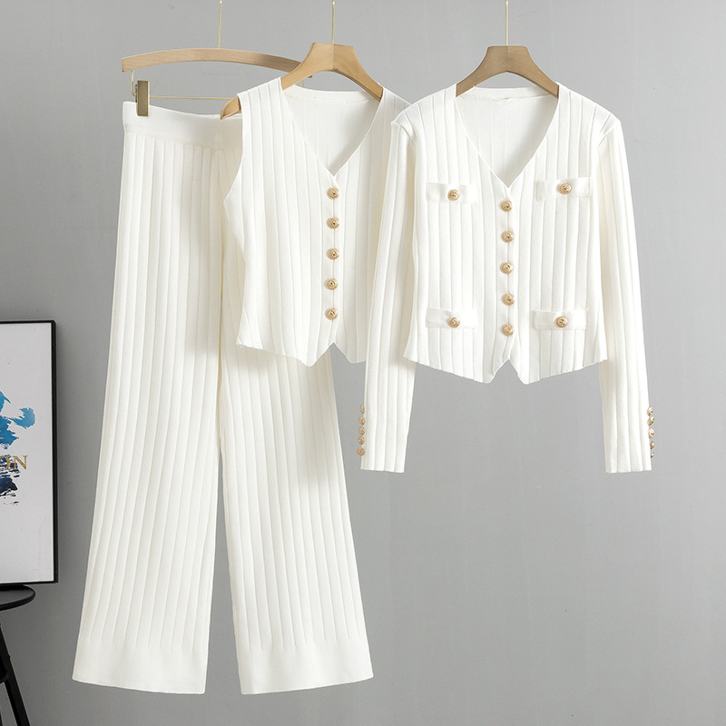 Dreiteiliges Set bestehend aus schmal geschnittener Hose mit weitem Bein und Pullover, Damen-Strickjacke mit neuer Weste_voghion.com