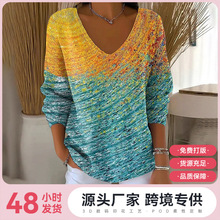2025外贸跨境独立站新款落肩V领长袖套头3D数码印花女式上衣T恤