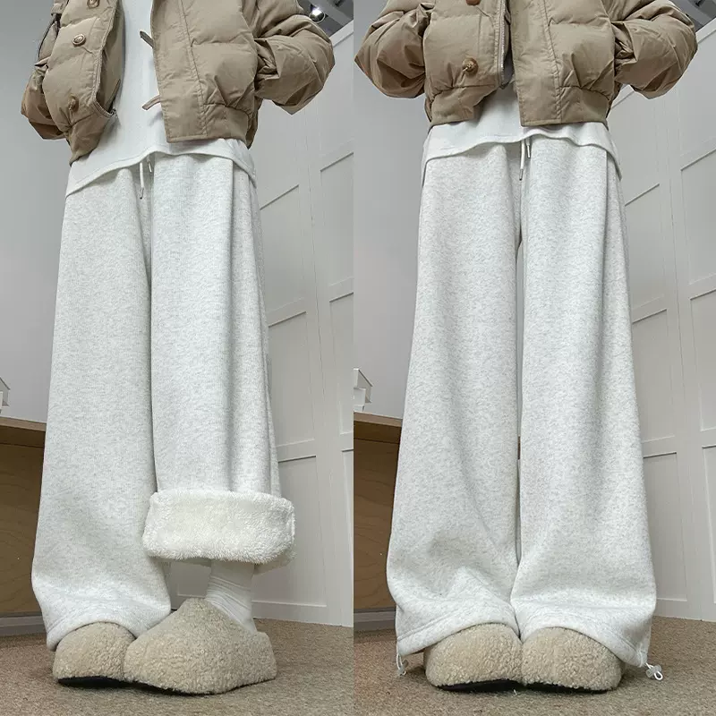 加绒阔腿裤女冬羊羔绒裤子宽松加厚慵懒风高腰显瘦休闲风卫裤女装