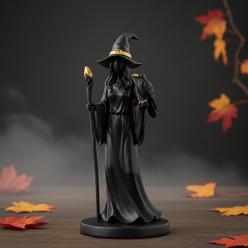 跨境新品万圣节Black Gold Staff Witch Sculpture黑金杖女巫雕像|undefined