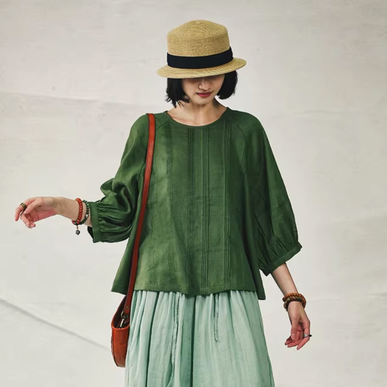 Green Pea Green Washed Linen Round Neck Pullover Heavy Craftsmanship Striped Shirt Women's Nine-Quarter Sleeve Blouse Summer Green Pea Green Washed Linen Round Neck Pullover Heavy Craftsmanship Striped Shirt Women's Nine-Quarter Sleeve Blouse Summer