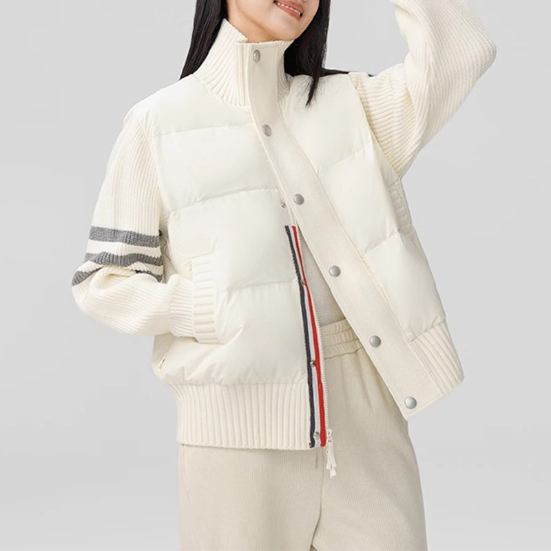 高端TB白鸭绒秋冬新款羽绒服女短款韩版百搭针织袖棒球服外套潮